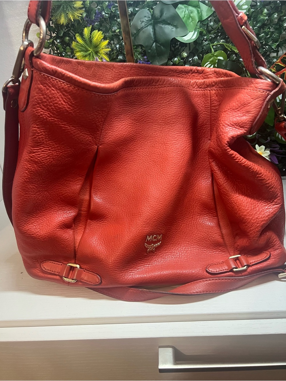 MCM Orange Leather Drawstring Shoulder Bag